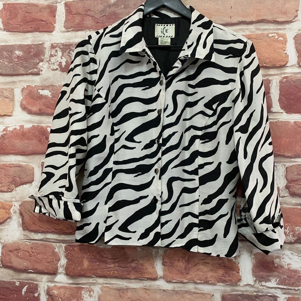 Vintage Ice Top Women's Large Black White Silk Zebra Animal Print Blouse